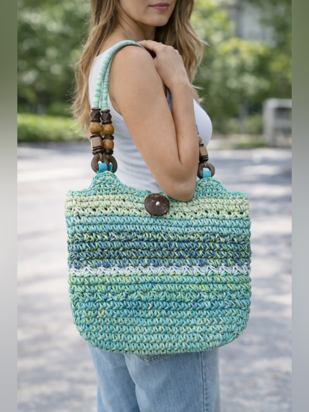 Cappelli Straworld Crochet Straw Handbag Blue Green Boho Beaded Handle Purse